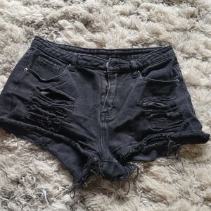 Distressed Black Denim Shorts